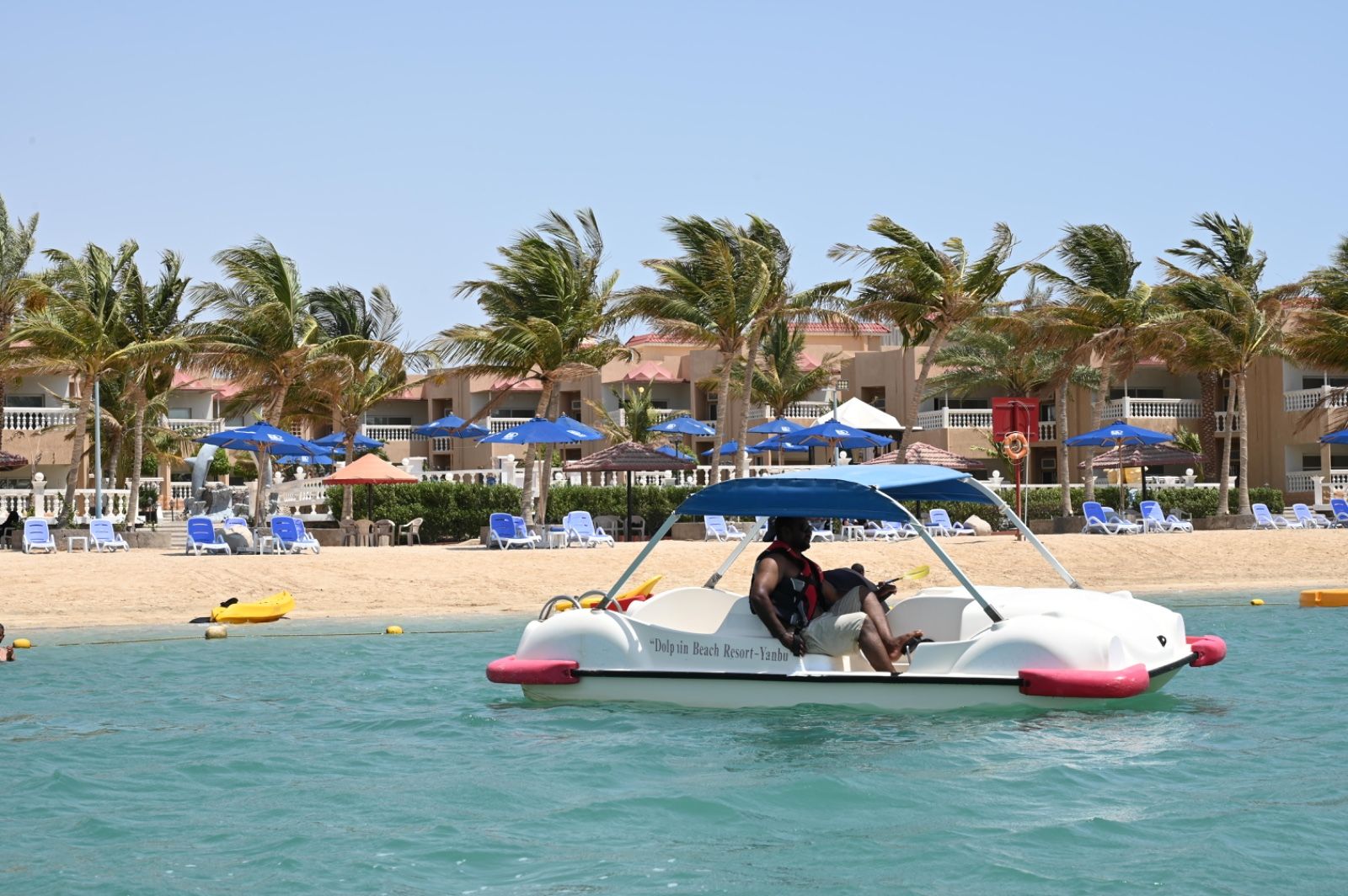 A boat on calm waters with a beach and palm trees in the background.
