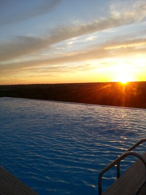 Una piscina al aire libre, sombrillas, sillones reclinables de piscina