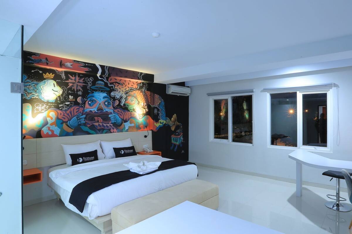 Desk, blackout curtains, soundproofing, iron/ironing board