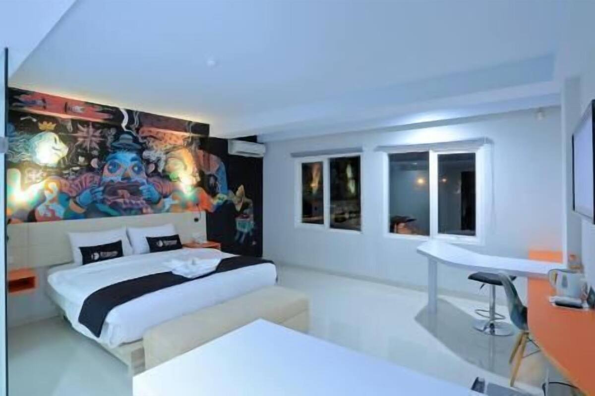 Desk, blackout curtains, soundproofing, iron/ironing board