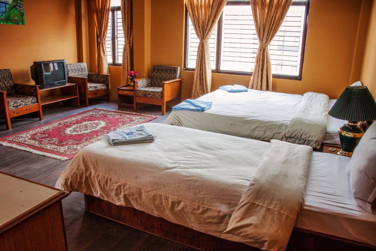 A hotel room with two beds, a TV, a small table with a vase, and a red and white patterned rug.
