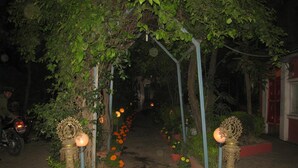 Un sendero bordeado de macetas con caléndulas y estructuras metálicas ornamentales, que atraviesa un jardín por la noche.
