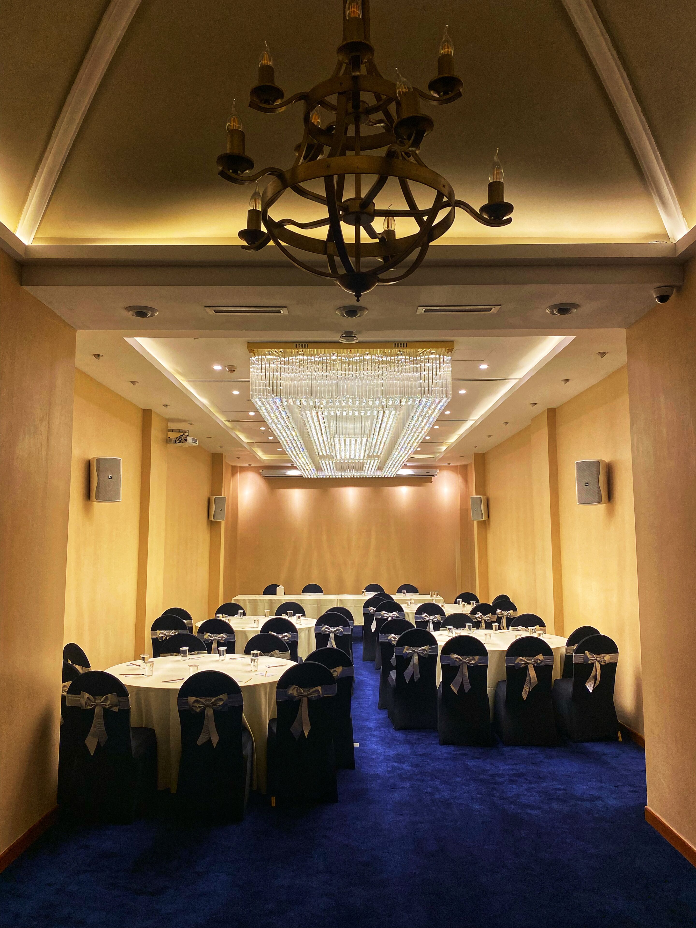 A conference room with round tables, black chairs with silver bows, a large chandelier, and a blue carpet.