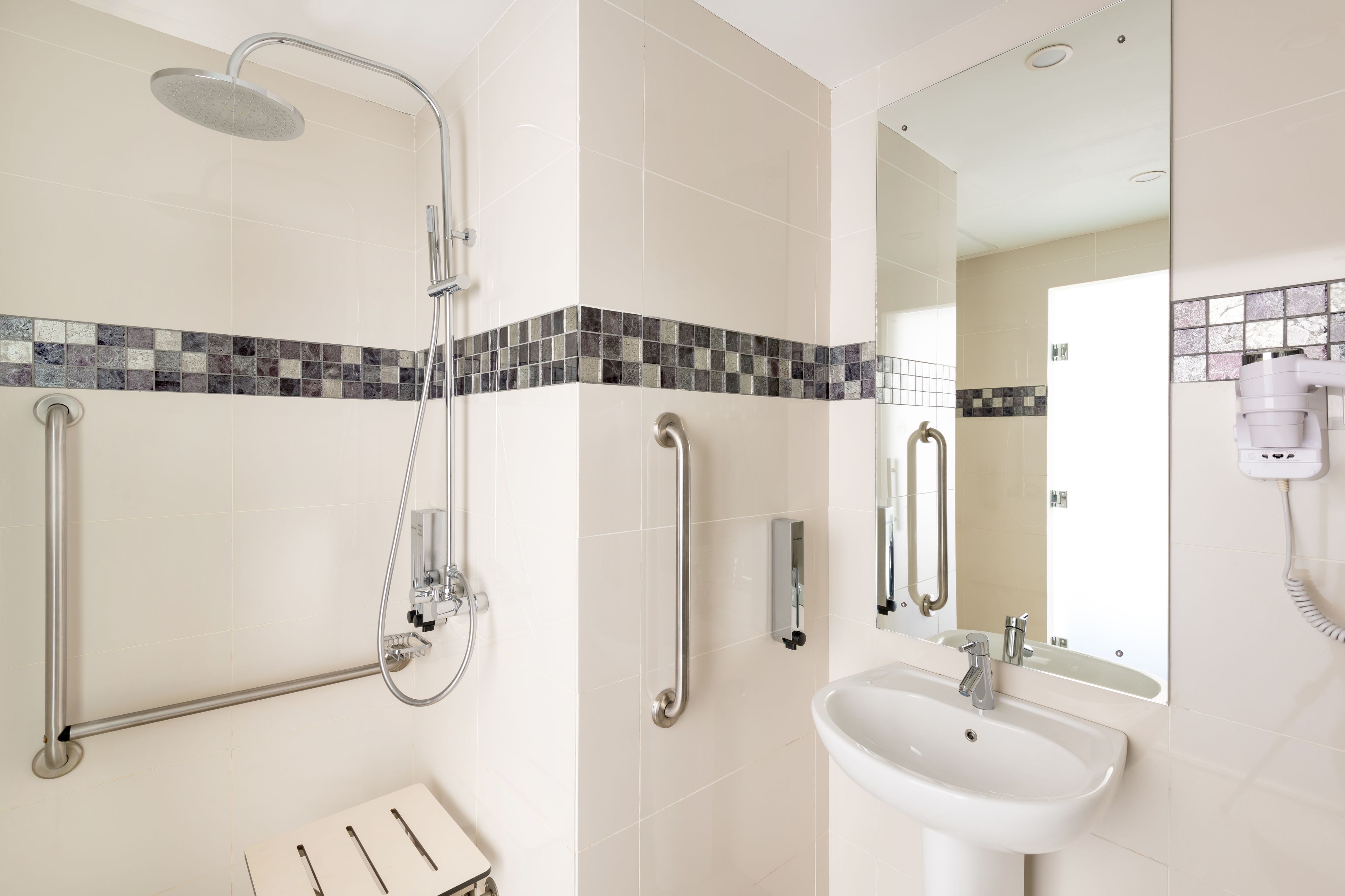 superior queen room (differently abled room) | bathroom | shower, free toiletries, hair dryer, bathrobes