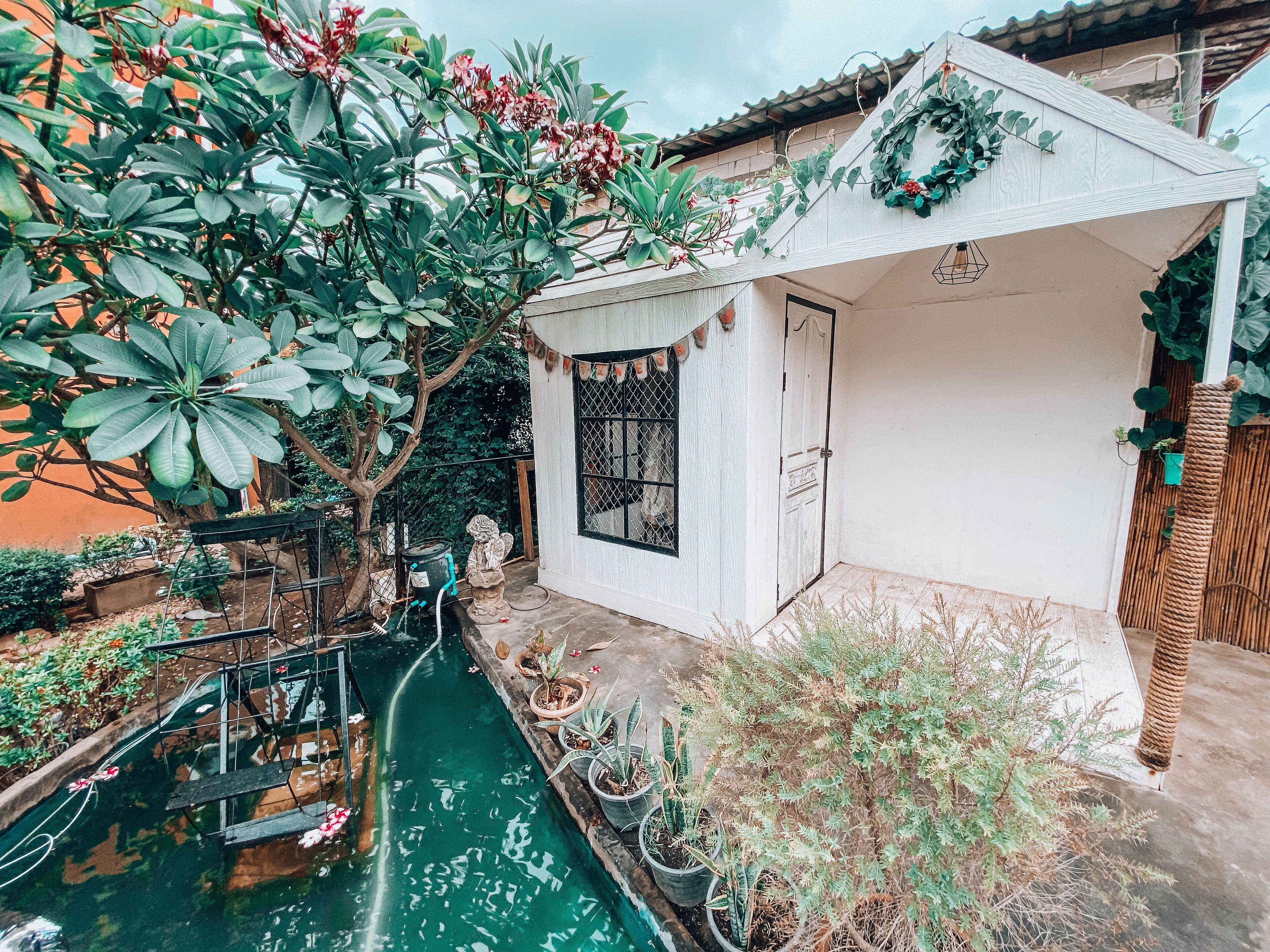 A small house with a garden, a water feature, and a variety of plants.
