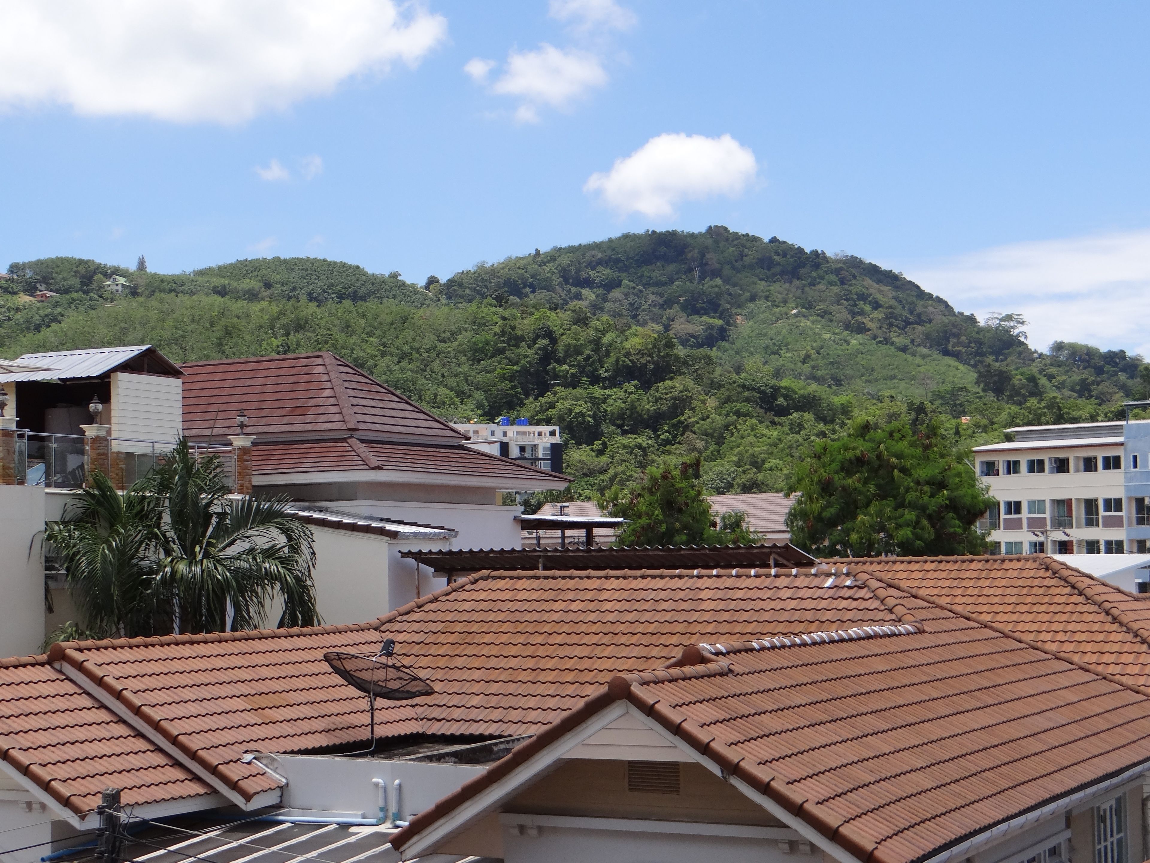 A residential area with terracotta-tiled roofs, a hillside with dense greenery, and modern buildings with balconies.
