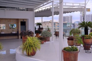 Una terraza en la azotea con plantas en macetas, un espacio de descanso y vistas al horizonte urbano.