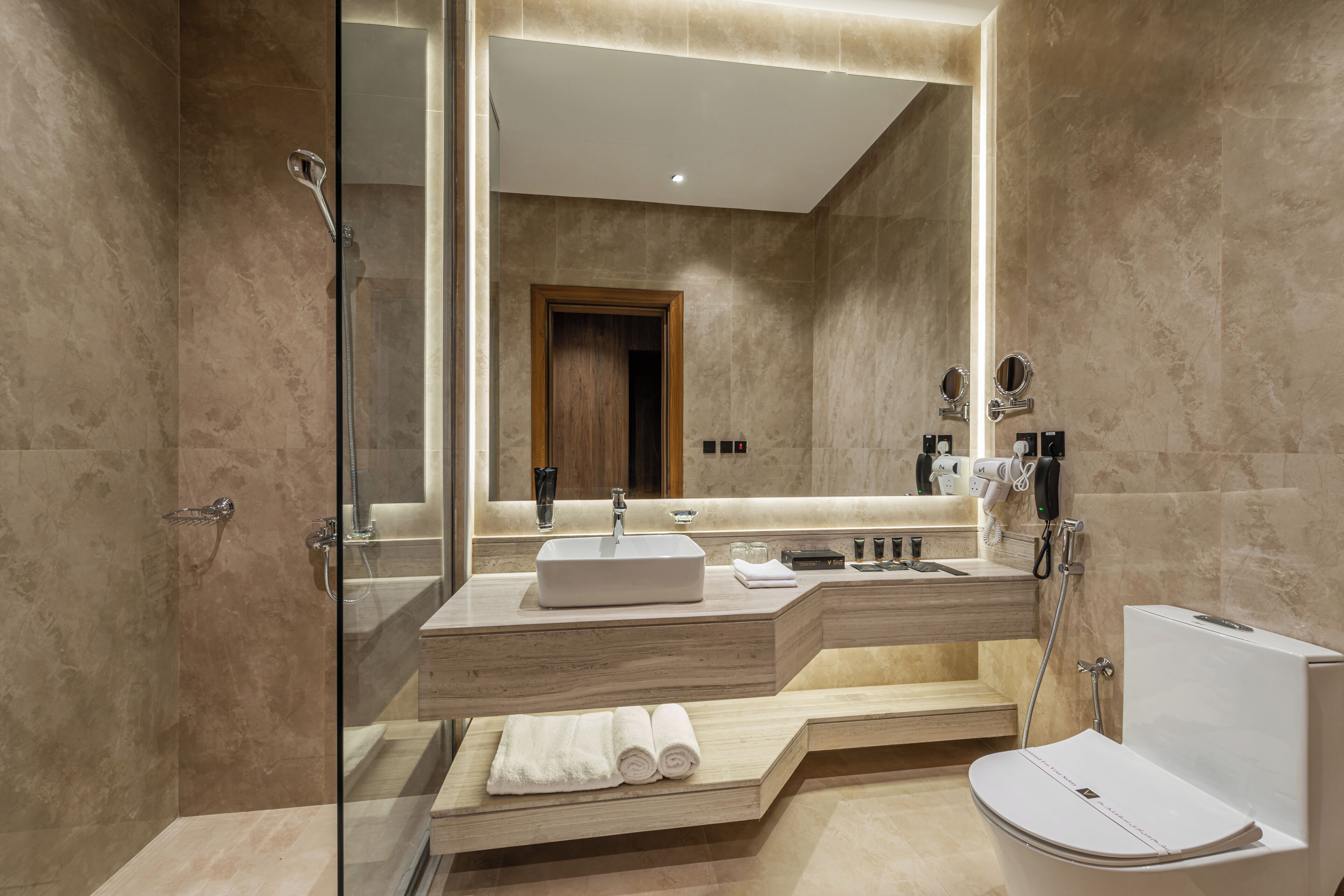 rainfall showerhead, free toiletries, hair dryer, bathrobes