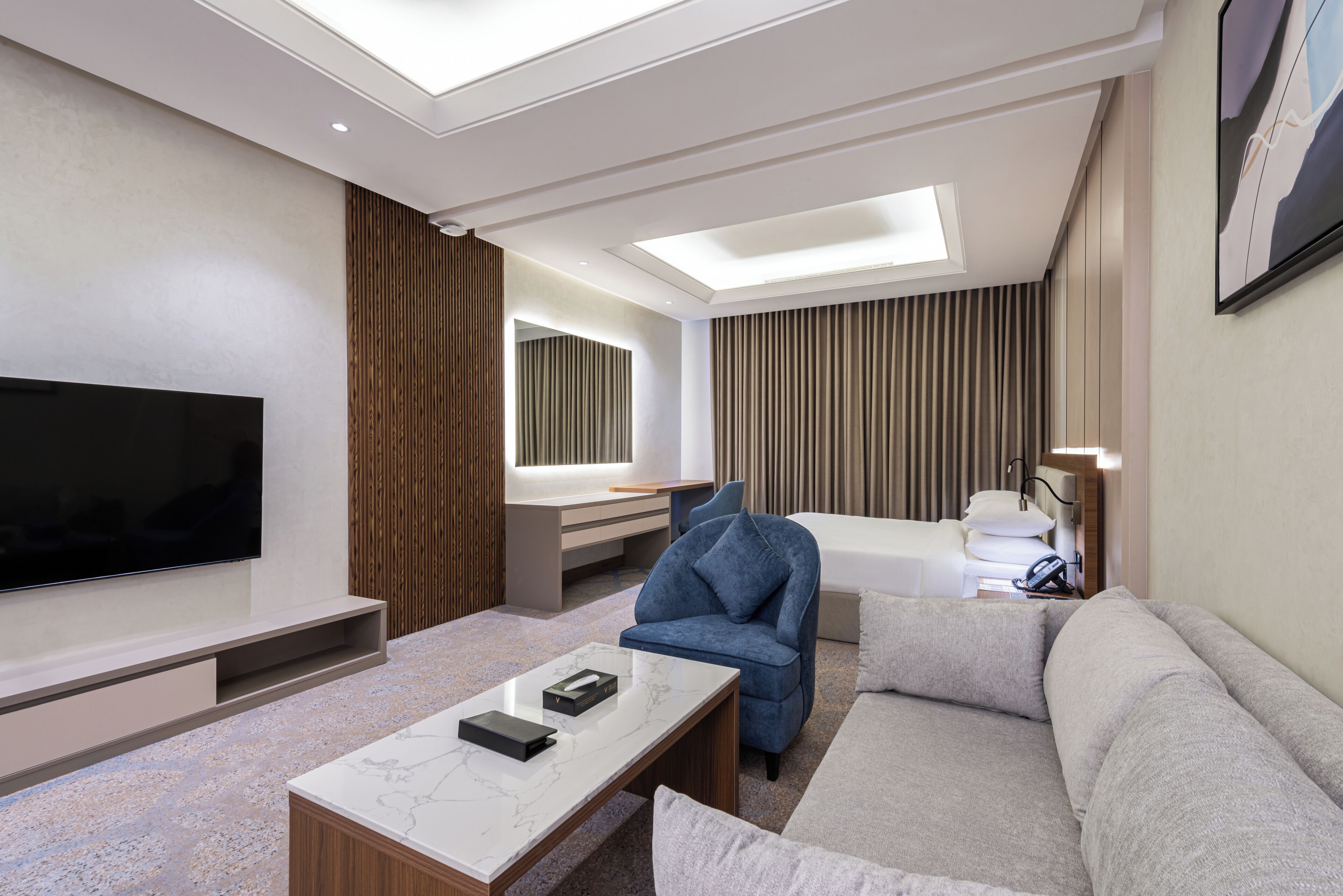 superior room | living area | 42-inch flat-screen tv with satellite channels, tv, fireplace