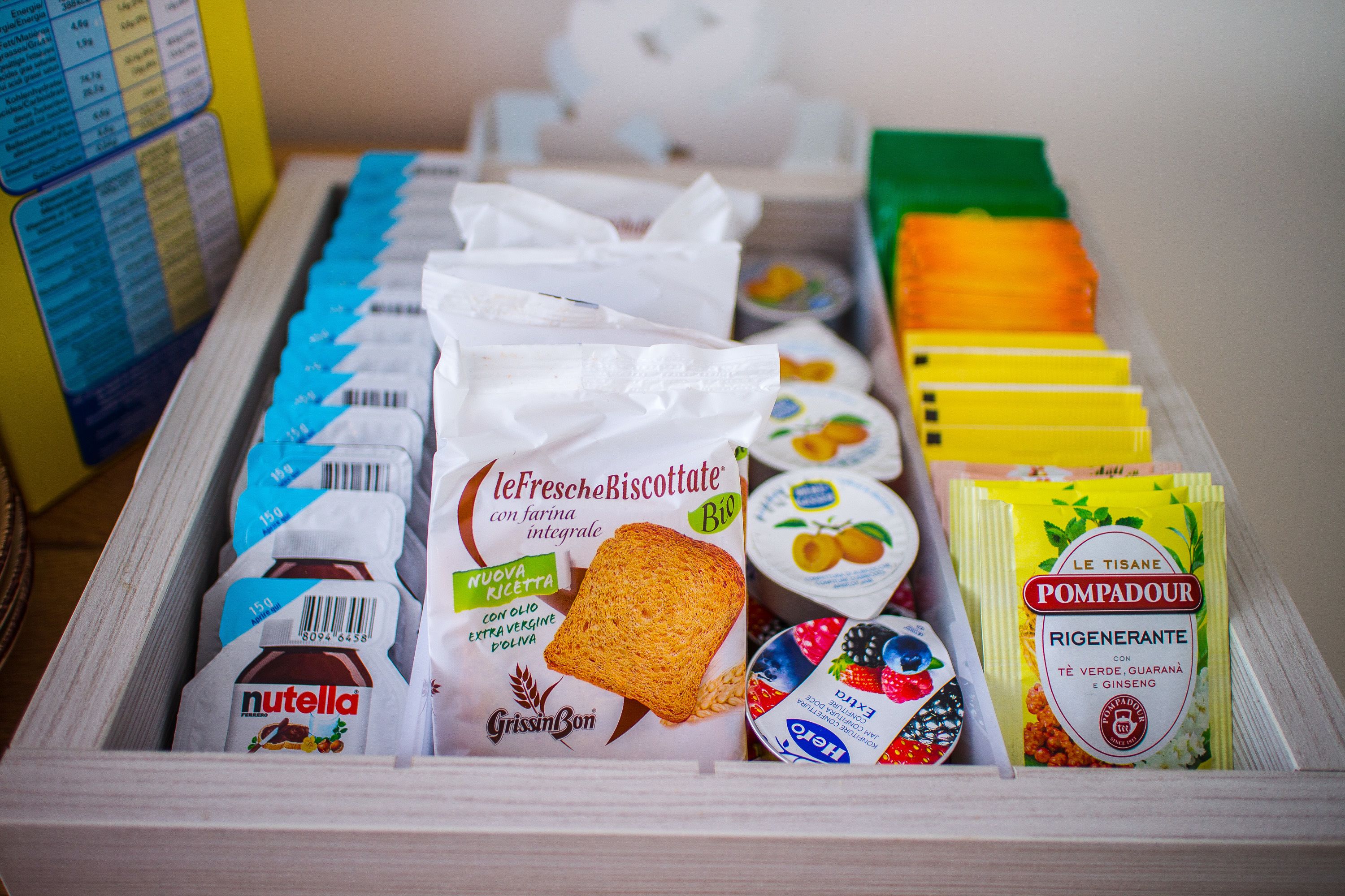 Verschiedene Lebensmittel, darunter Nutella, Brot und Joghurt, in einer Aufbewahrungsbox.