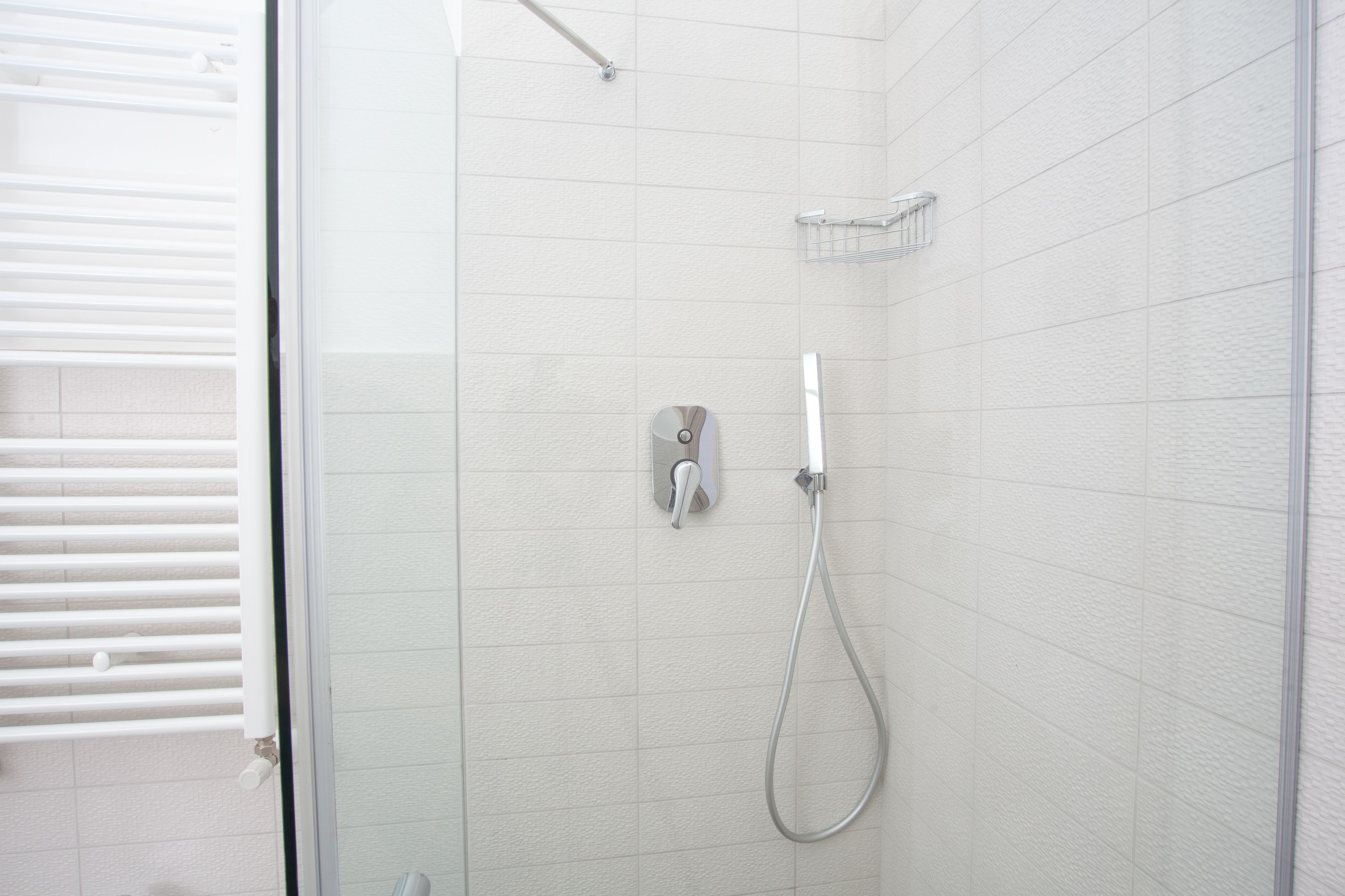 Ducha con cabezal de ducha de mano y panel de control en la pared.
