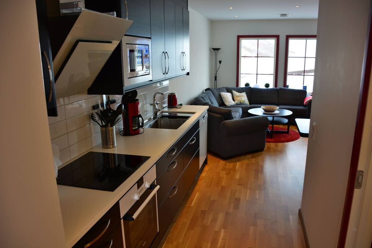 Apartment 2 | Private kitchen | Full-sized fridge, microwave, oven, stovetop