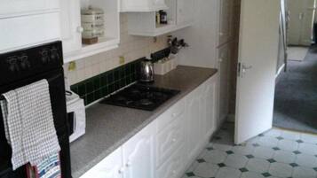 Full-sized fridge, microwave, oven, electric kettle