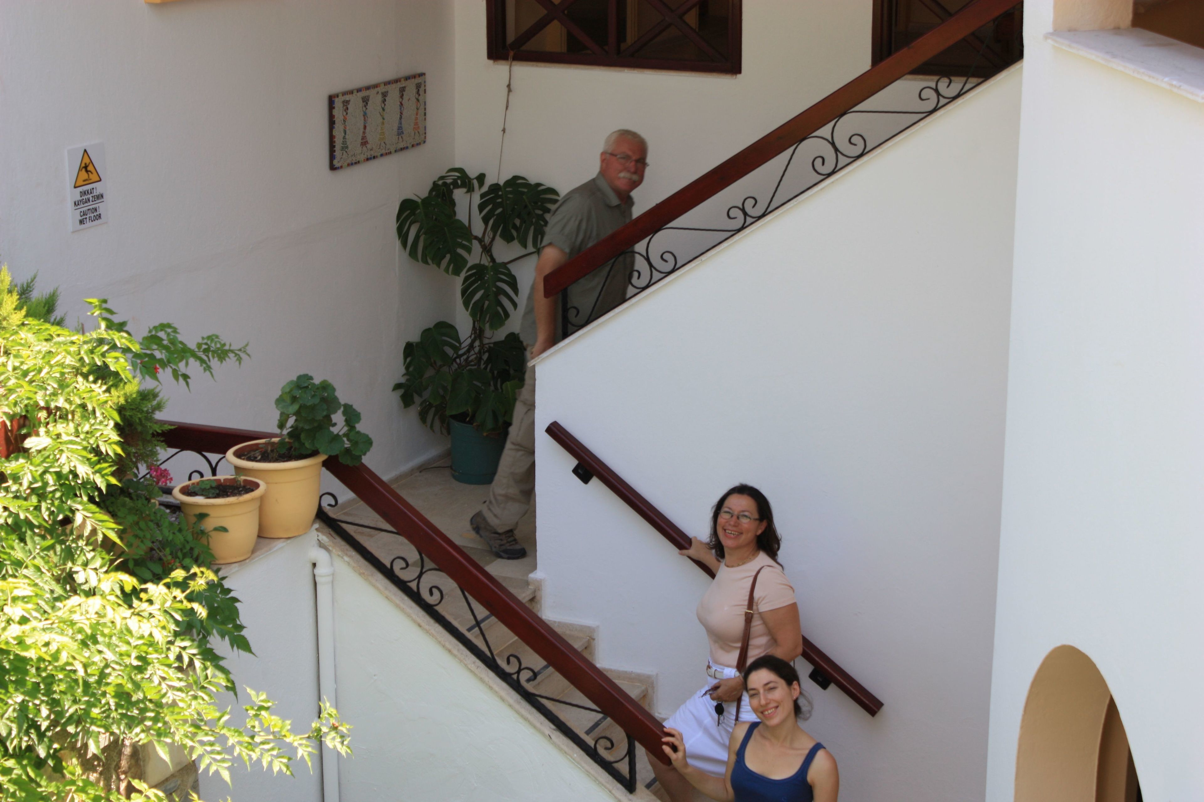 Una escalera con plantas en macetas, un cartel de advertencia y una persona bajando.