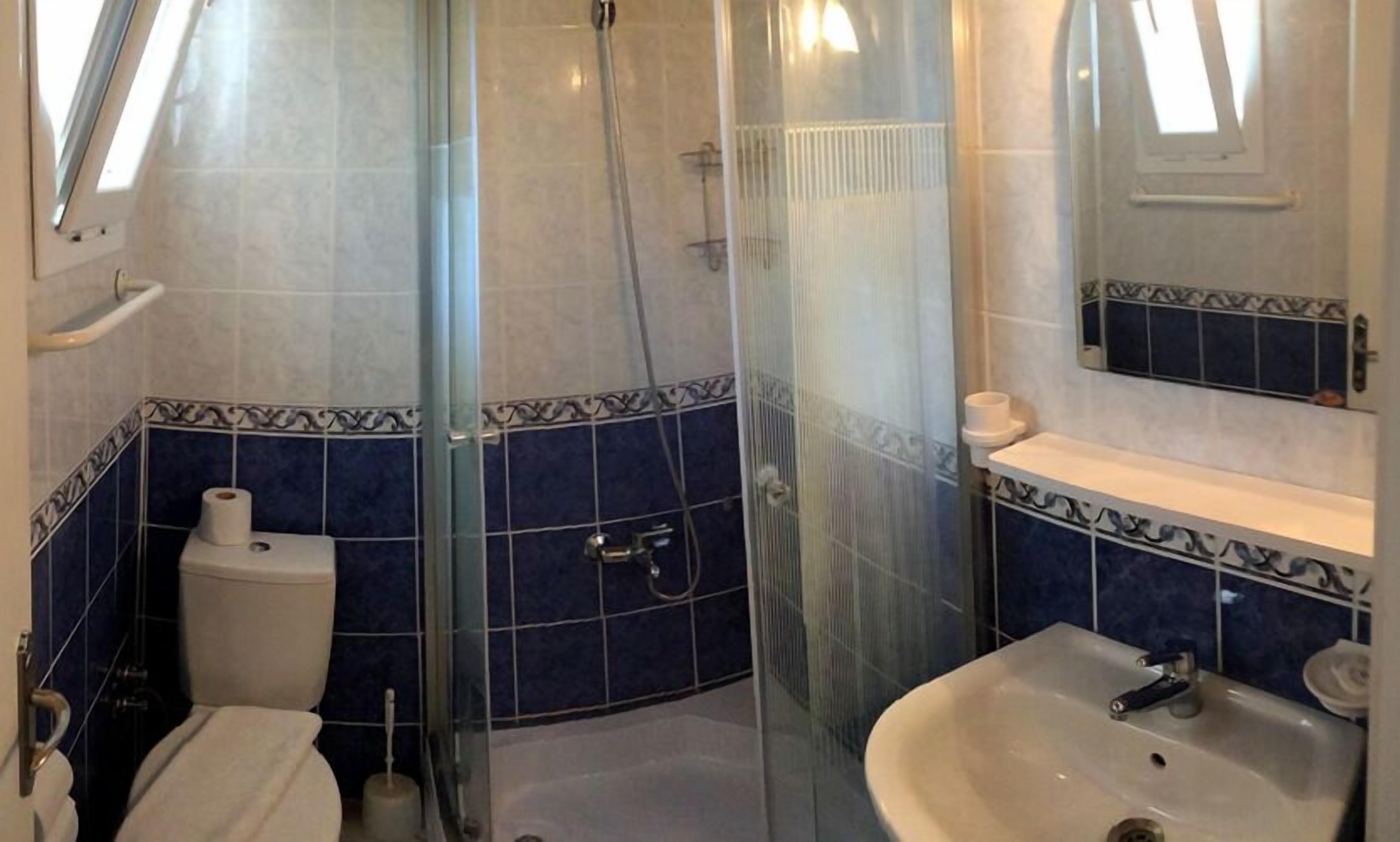 A bathroom with a toilet, shower, and sink, featuring blue and white tiles.