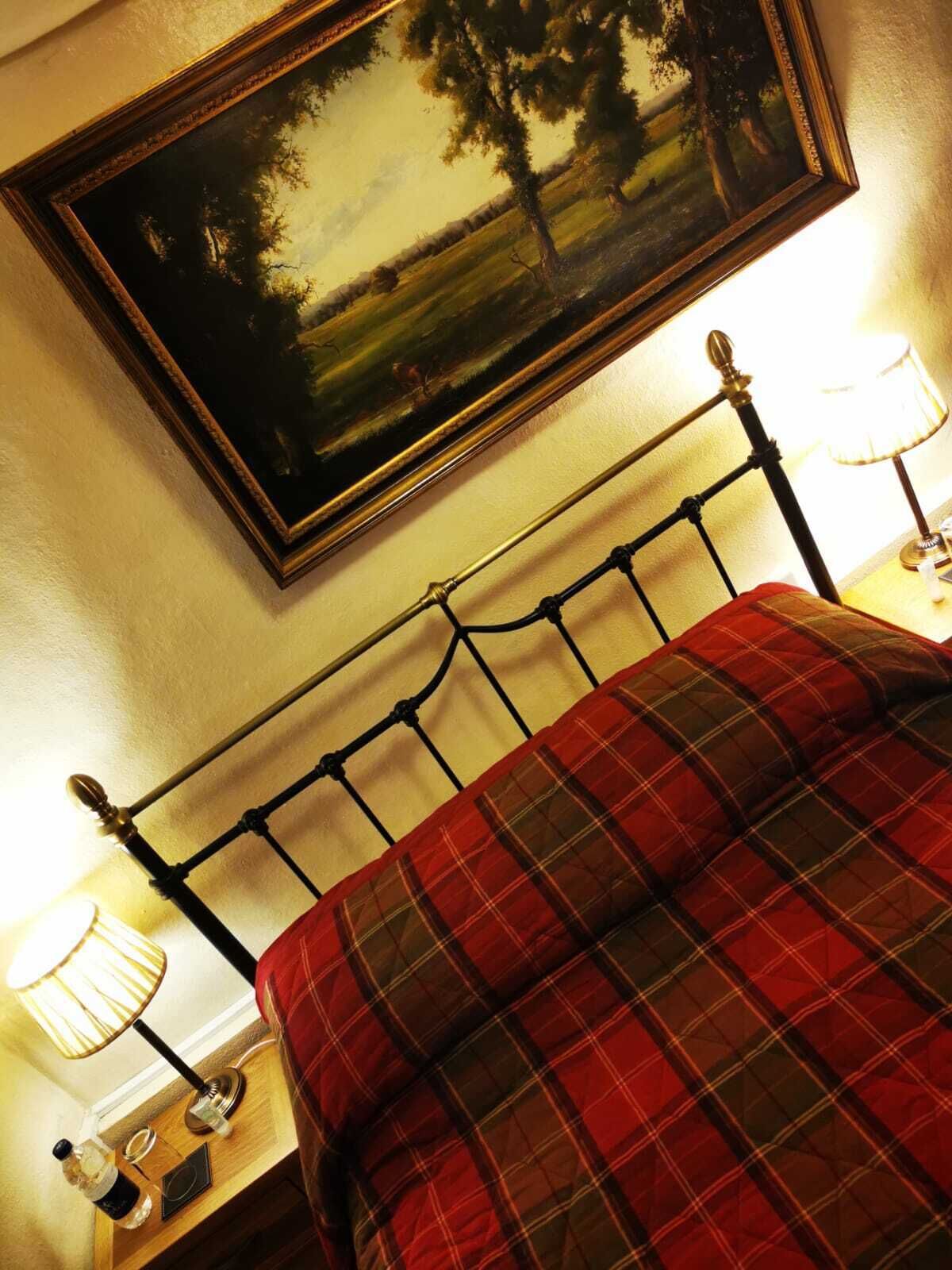 A bed with a plaid blanket, a painting above it, and two bedside lamps on a nightstand.