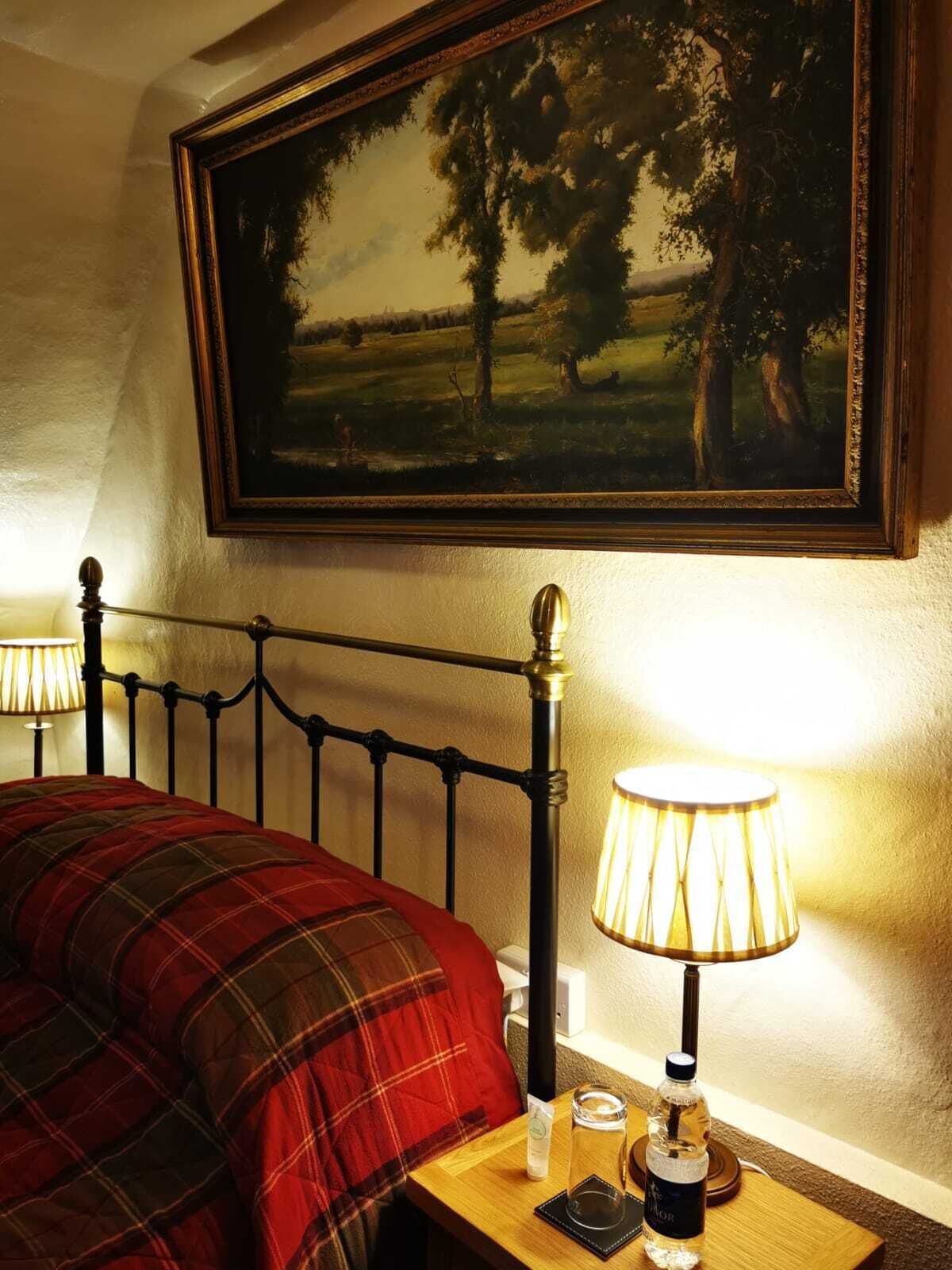 Habitación de hotel con cama, un cuadro de un paisaje, una mesita de noche con lámpara y una botella de agua.