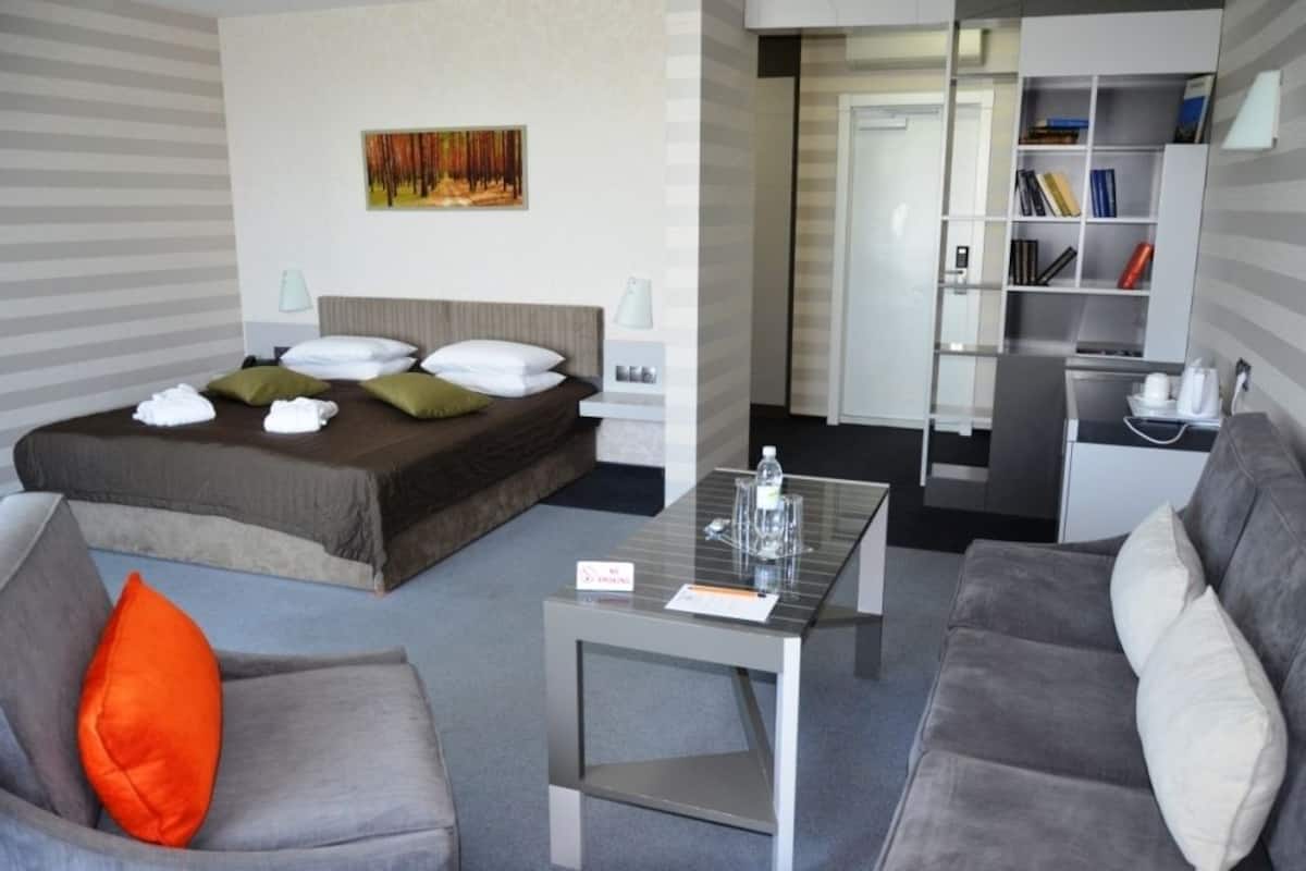 Ein Hotelzimmer mit einem Bett, einer Couch, einem Couchtisch, einem Bücherregal und einem Gemälde an der Wand.