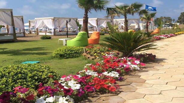 A garden area with flower beds, palm trees, and outdoor seating with white canopies.