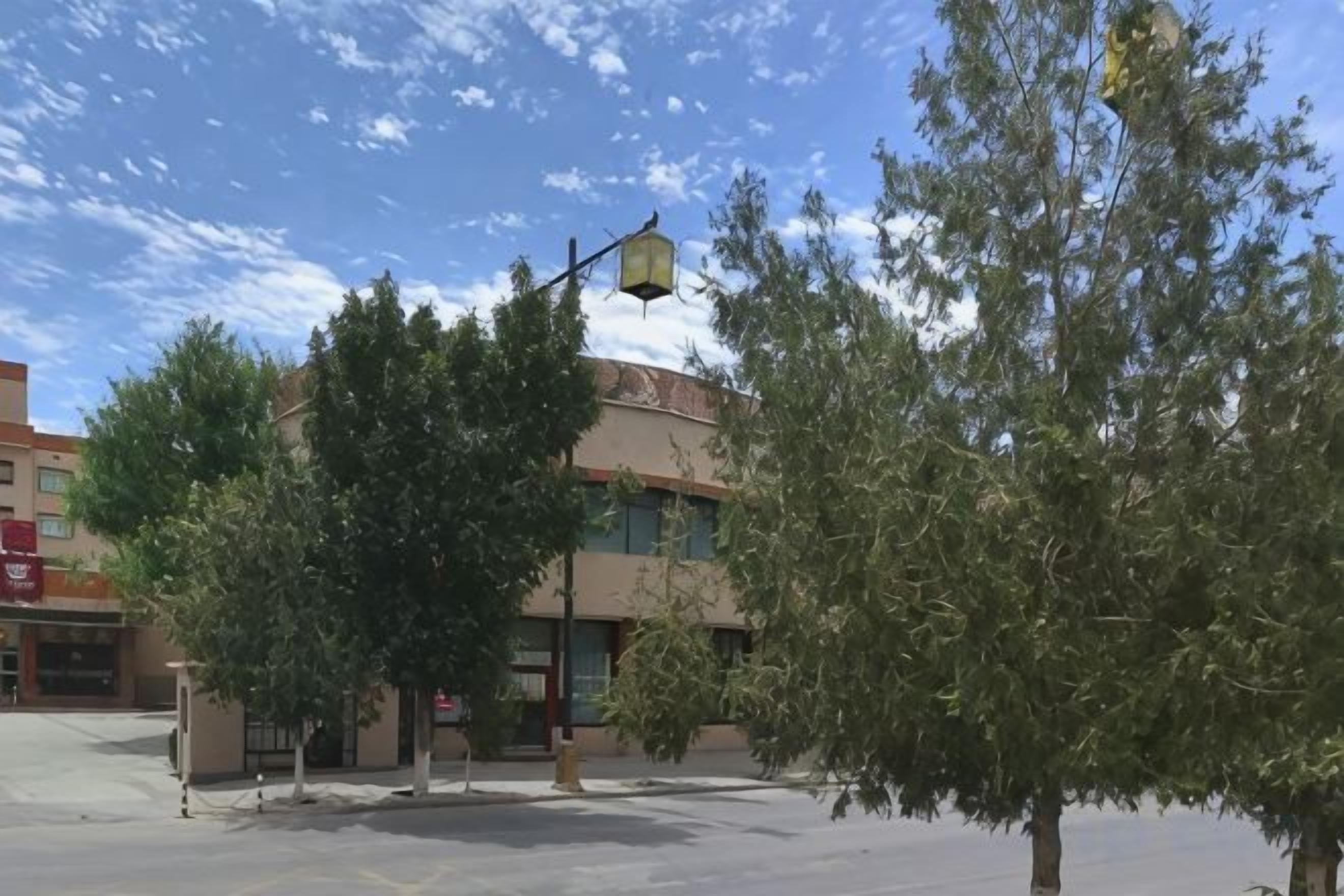 Un edificio con techo plano, una farola y árboles en la fachada.