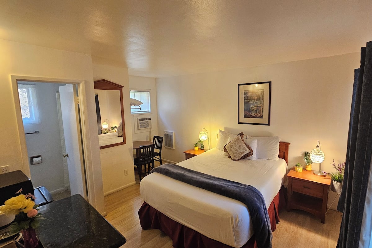 Quarto de hotel com cama, mesas de cabeceira, escrivaninha e uma cadeira.