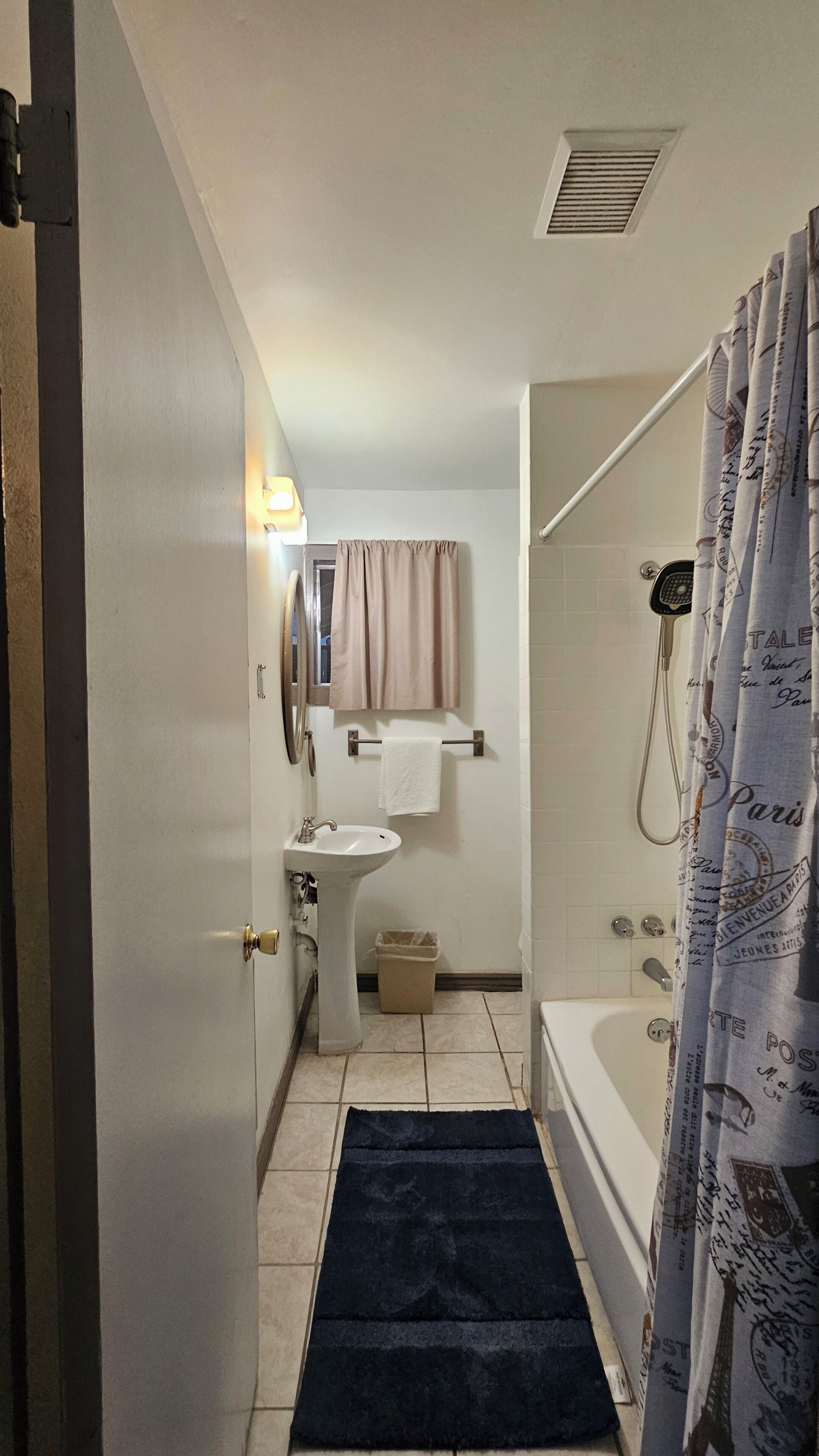 A narrow bathroom with a sink, mirror, and shower.