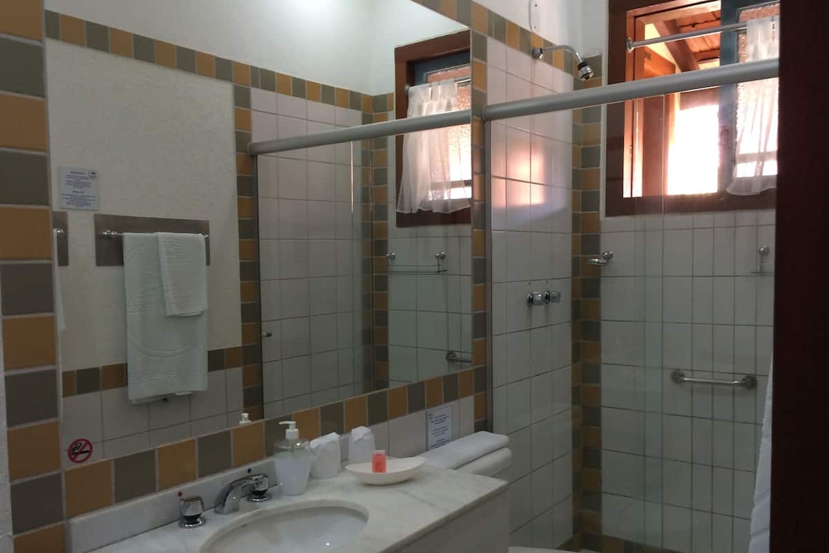 Shower, free toiletries, hair dryer, towels