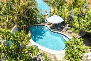 A swimming pool surrounded by lush greenery and a wooden deck with lounge chairs and an umbrella.