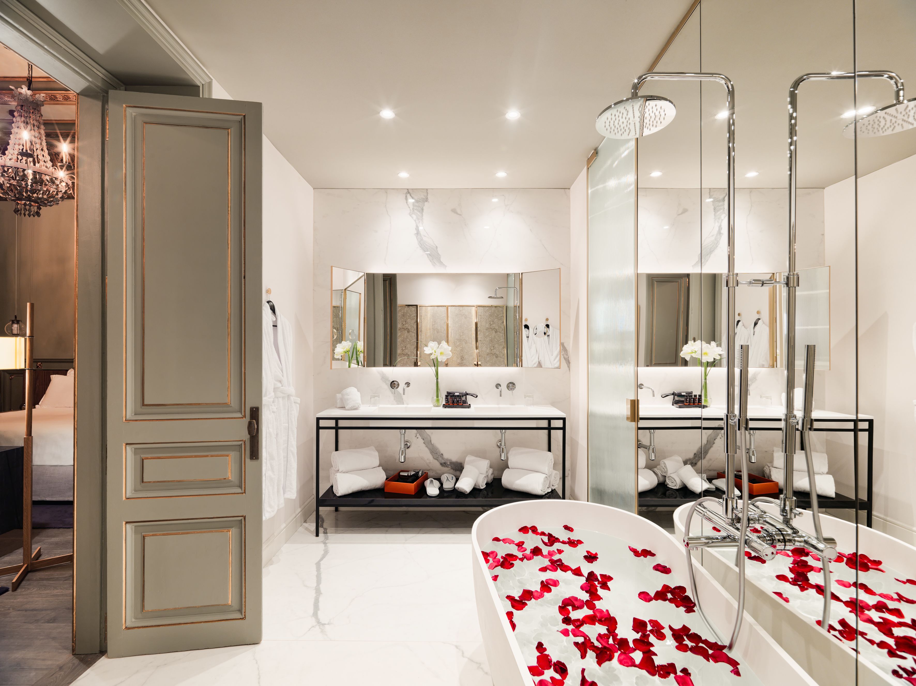 designer toiletries, hair dryer, bathrobes, towels