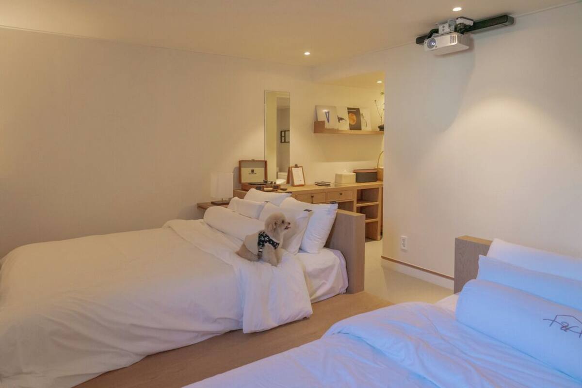 A bedroom with a bed, a small dog, a desk, and a shelf with books and a mirror.