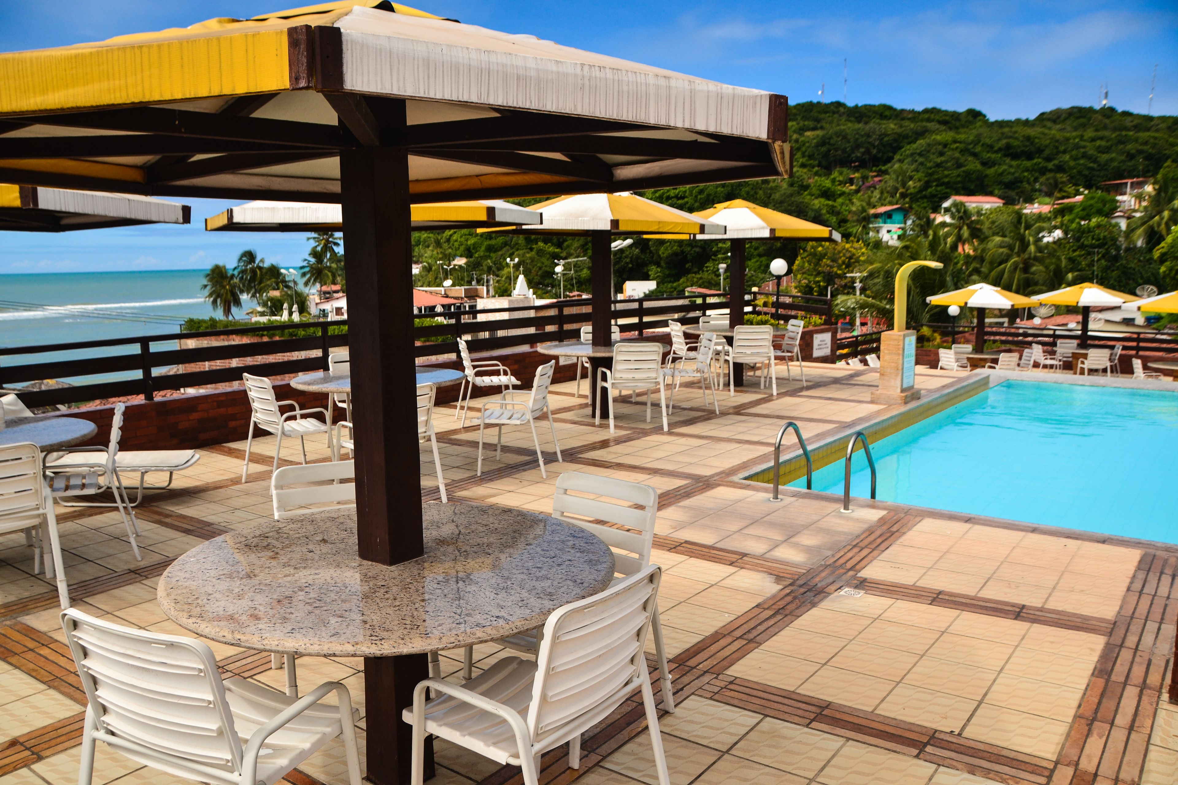 Outdoor pool, pool umbrellas, pool loungers