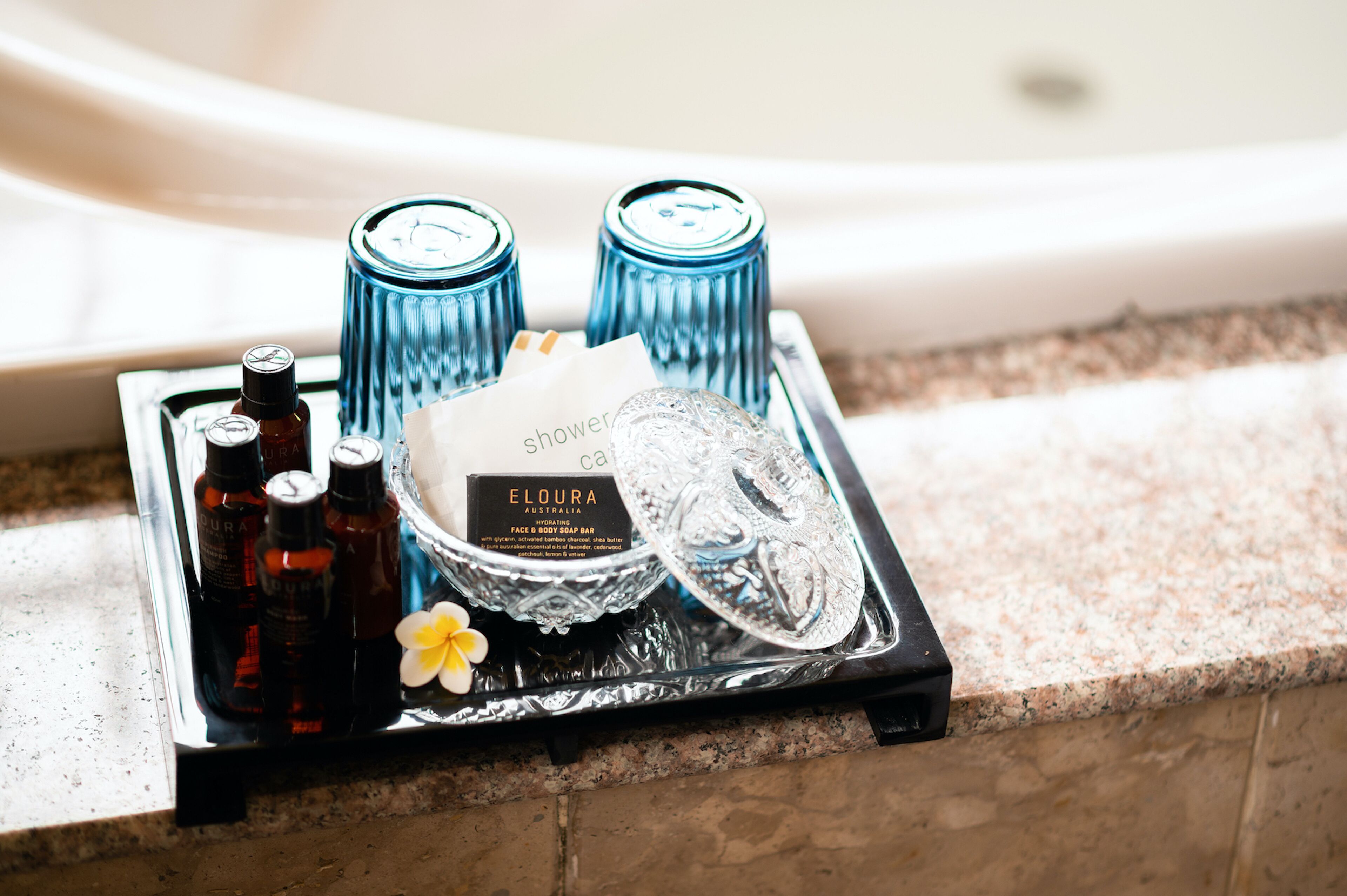 standard suite, pool view | bathroom amenities | separate bathtub and shower, deep-soaking bathtub, rainfall showerhead