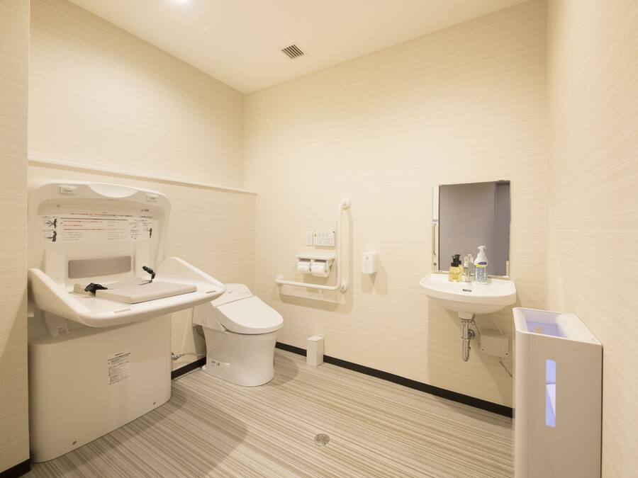 A modern bathroom with a toilet, sink, and hand dryer.