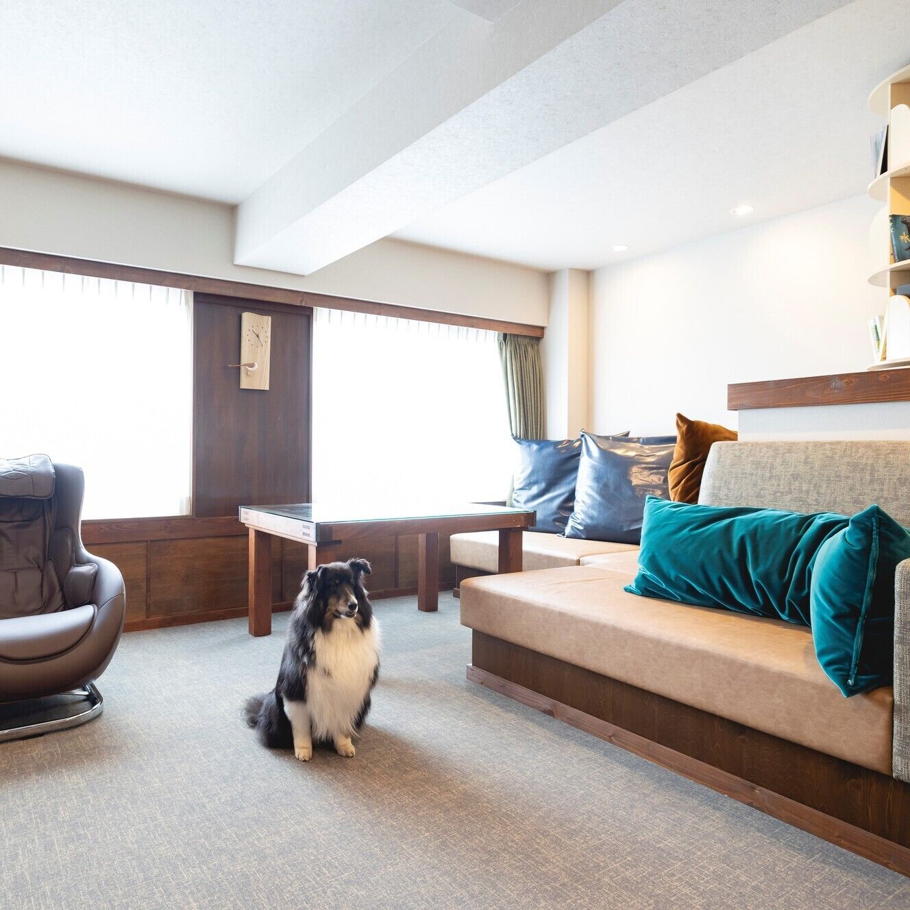 A modern living room with a sofa, a massage chair, a wooden table, and a dog.