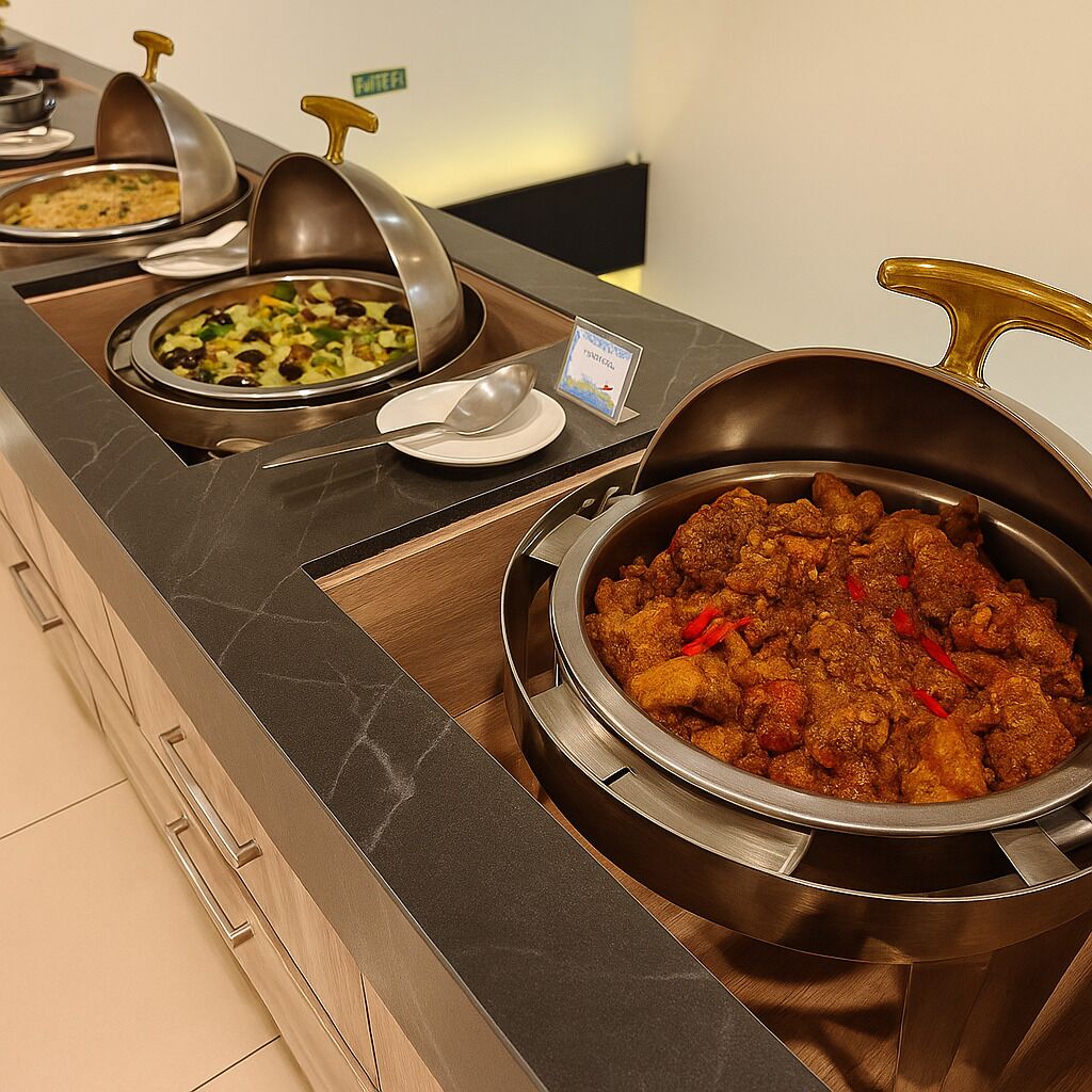 Un bufé con diversos platos, incluyendo un recipiente grande de carne y verduras.