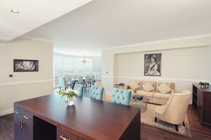 Royal Suite with Executive Lounge Access, Private Beach, Infinity Pool & Lazy River | Living area | 55-inch LED TV with satellite channels, TV