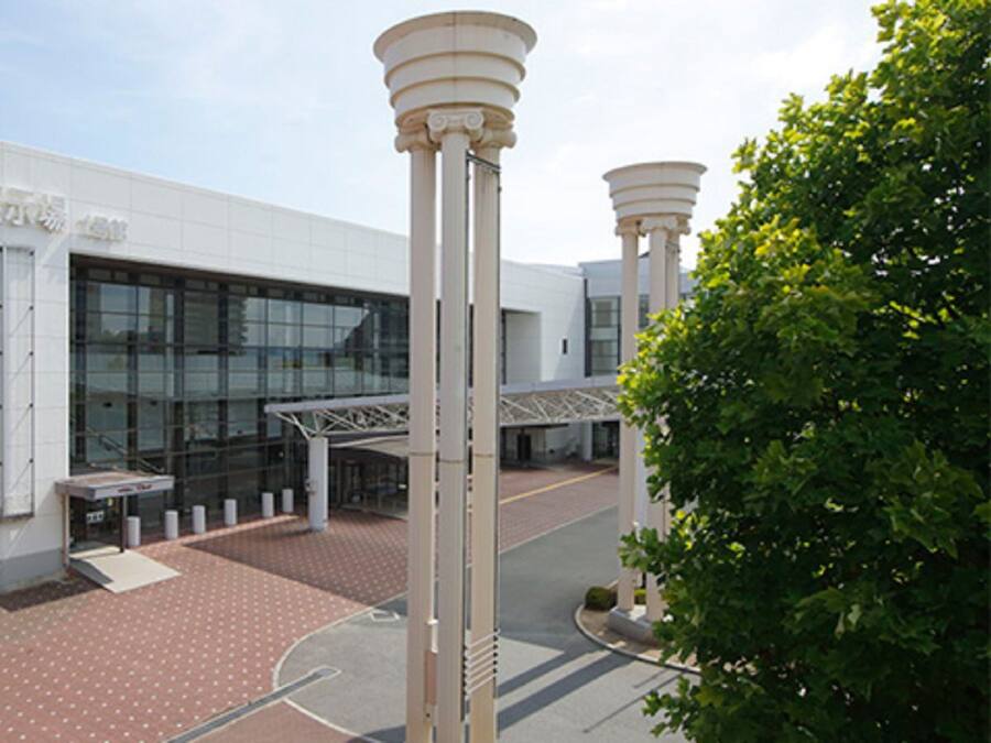 Un edificio moderno con facciata in vetro, ingresso coperto e area pavimentata con dissuasori.