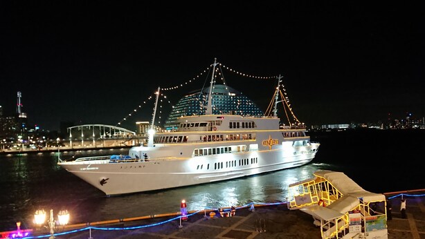 Un gran crucero de varias cubiertas amarrado en un puerto, con un horizonte urbano de fondo.