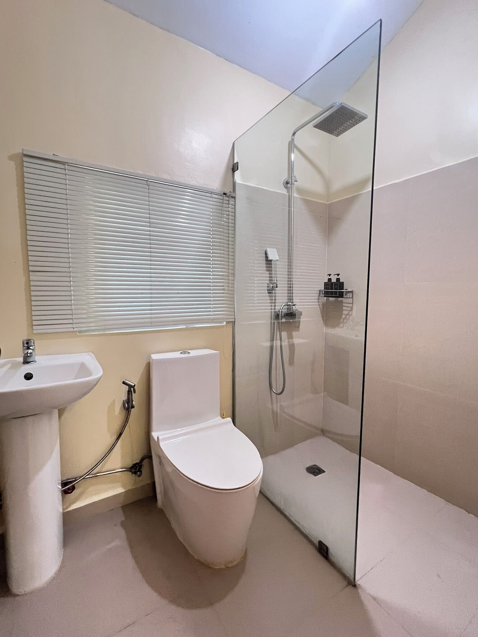 Kylpyhuone, jossa on lasiseinällä varustettu suihku, valkoinen pesuallas ja wc.