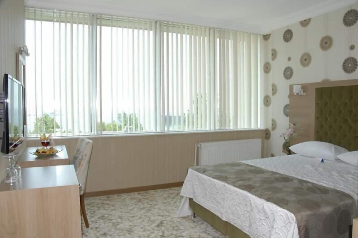 A hotel room with a bed, a desk, a chair, a television, and a window with blinds.