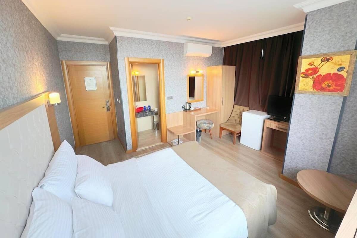 A hotel room with a bed, a desk, a chair, a television, and a small table.