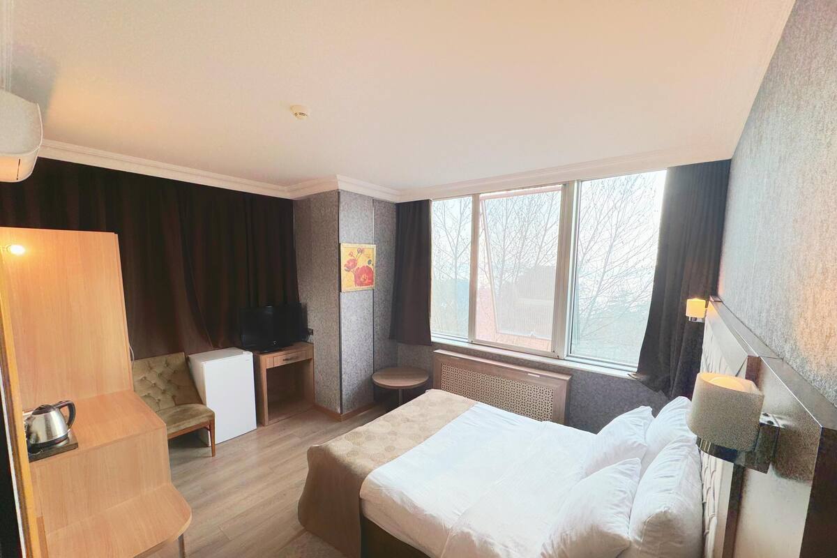 A hotel room with a bed, a desk, a chair, a small table, a radiator, and a window with a view of trees.