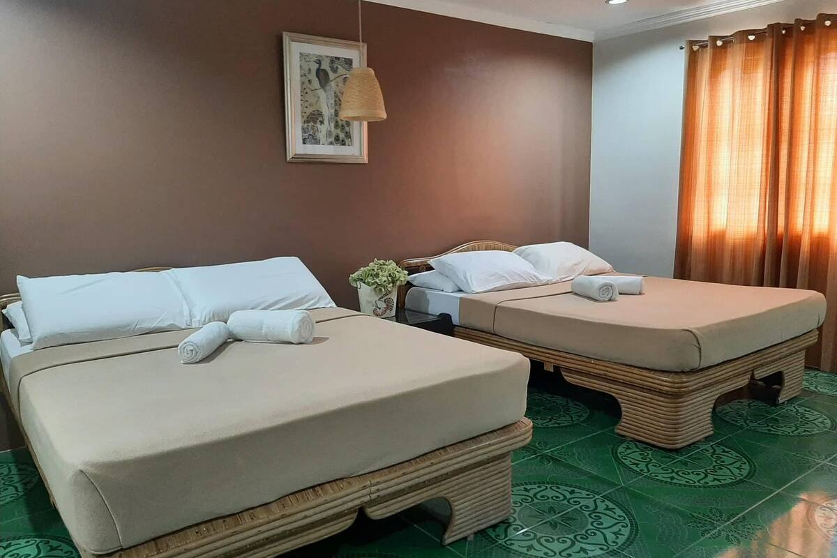 Two single beds with white linens, a framed picture on the wall, and a window with curtains.