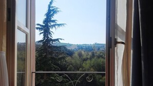Un balcon doté d’une rambarde en métal, offrant une vue sur un arbre et le paysage environnant.