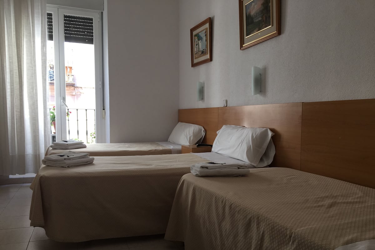 Driepersoonskamer, privébadkamer | Een bureau, verduisterende gordijnen, een strijkplank/strijkijzer