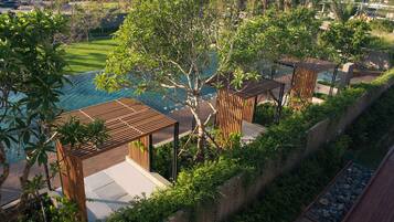 Outdoor pool, pool umbrellas, pool loungers