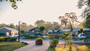 A residential area with houses, a paved driveway, and a well-maintained lawn.