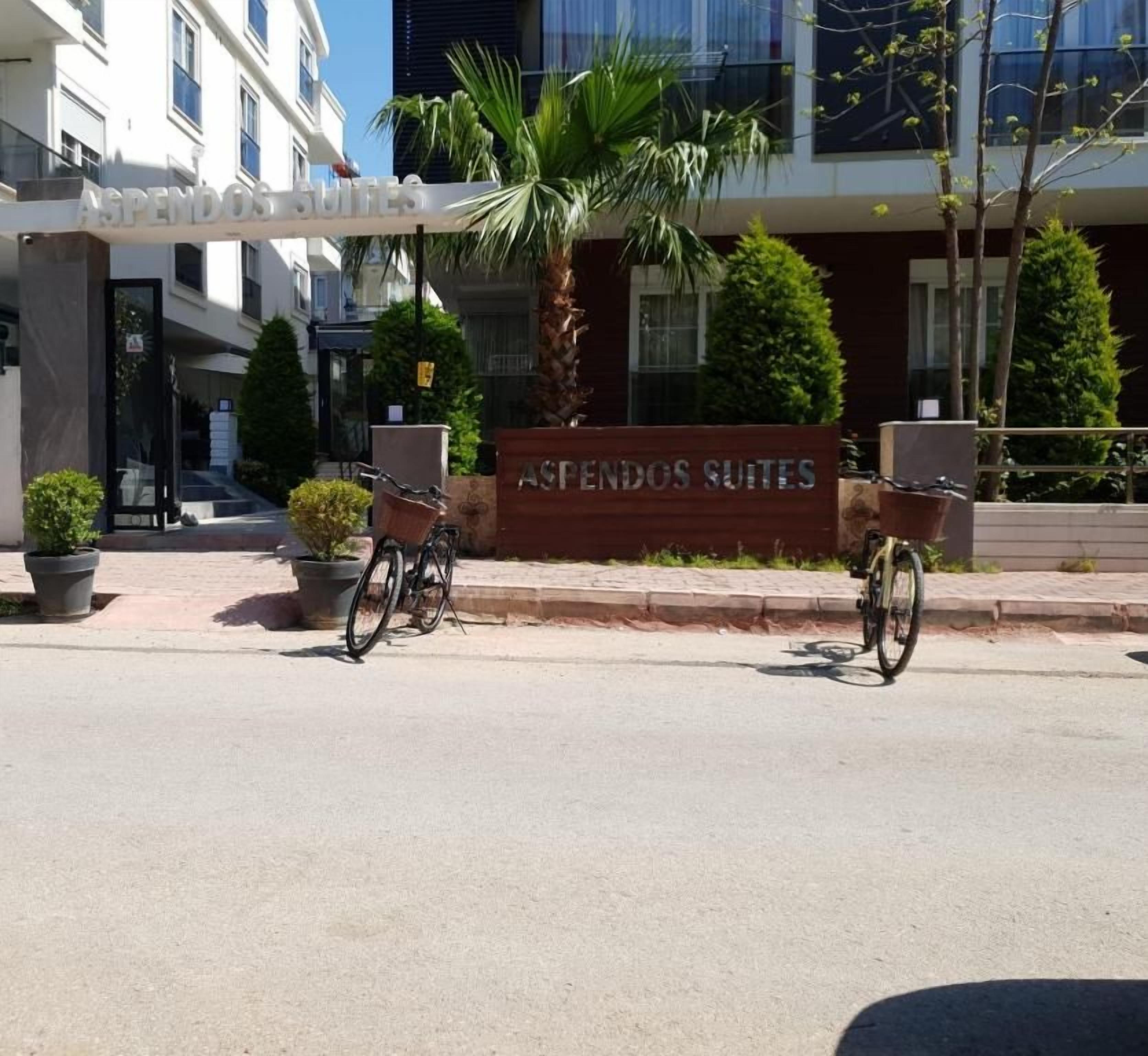 A hotel entrance with a sign reading 'Aspendos Suites,' a palm tree, and a bicycle parked on the sidewalk.