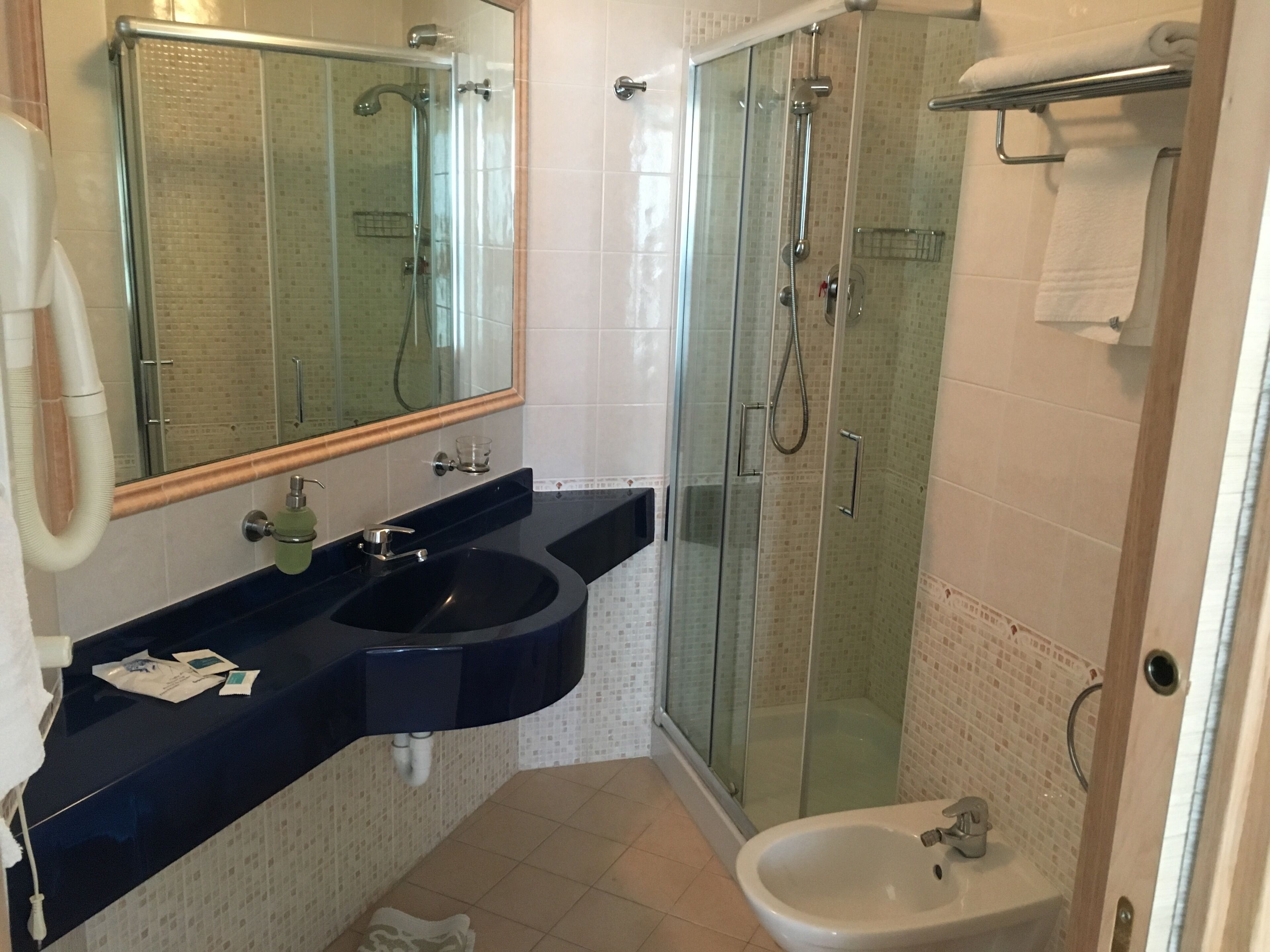 shower, free toiletries, bidet, towels