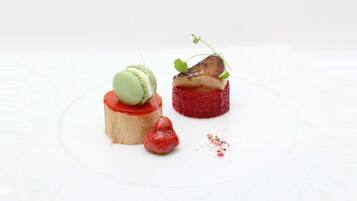 Two desserts on a white plate.